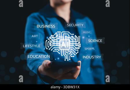Artificial Intelligence (AI) concept with digital brain circuitry icon and sectors like business, science, education, industry, Stock Photo