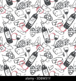 Seamless pattern with wine and snack. Wine glass, cheese, grapes, bottle, glass and wine stains in ink linear sketch style. Background for packaging, wallpaper or package. Stock Vector