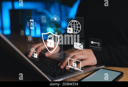 Cybersecurity protection concept with secure login, cloud encryption, biometric authentication, email, awareness, and internet safety icons Stock Photo