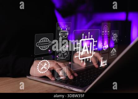 AI, Artificial Intelligence, And Machine Learning Automation Concept. User working on laptop with icons of chatbot, machine learning, automation, Stock Photo