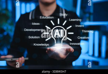 AI in Education and Learning Innovation Concept. Woman holding AI lightbulb with educational and creative keywords around it, Stock Photo