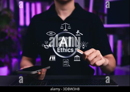 AI Ethics and Responsible Artificial Intelligence Governance Concept. AI Ethics with ethical icons, legal, transparency, responsibility, regulations, Stock Photo