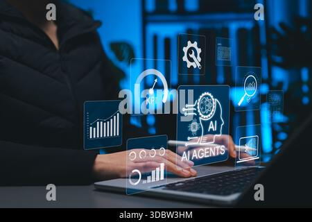 AI Agents and Data Analytics for Business Intelligence. Person using laptop with interface AI agent, KPI metrics, data graphs, and analytics icons, Stock Photo