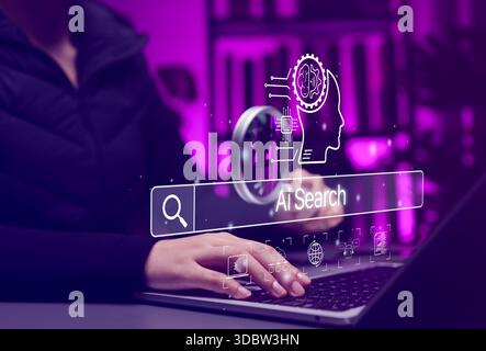 AI Search Engine Technology Concept. Person using laptop with AI search, artificial intelligence powered search engine, smart data discovery, Stock Photo