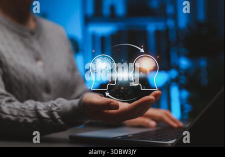 Human and AI Knowledge Transfer and Collaboration Concept. Person interacting with icons showing human brain and AI brain, Stock Photo