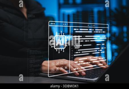 AI Coding Assistant and Software Development Concept. Programmer typing on laptop with interface show AI chip icon and code editor. Stock Photo