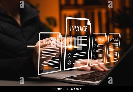 Digital E-Invoice and Billing Management Concept. Person using pen interact with virtual invoice documents, representing electronic invoicing, billing Stock Photo