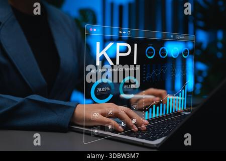 KPI dashboard analytics concept, businesswoman analyzing key performance indicators with data charts and metrics, representing performance tracking, Stock Photo