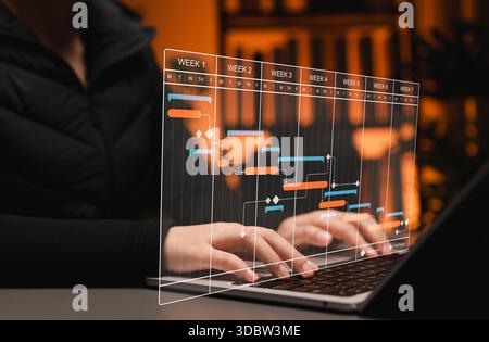 Project management and timeline planning concept. Woman using laptop with Gantt chart showing weekly task tracking, representing workflow organization Stock Photo