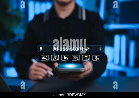 AI assistant technology concept. User holding smartphone with glowing interface and AI assistant icons for image, music, video, translation, text, Stock Photo