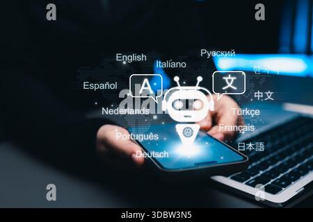 Hand holding smartphone with AI language translation chatbot, showing multiple global languages, representing real-time multilingual communication, Stock Photo