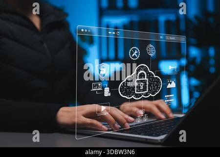 Cloud security and data protection concept. User using laptop with digital cloud computing interface, data secure, encrypted storage, cloud access, Stock Photo