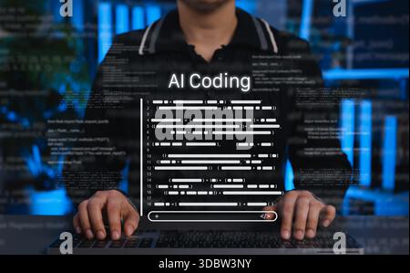 AI coding assistant for programming. A developer using virtual code interface, symbolizing artificial intelligence in software development, automation Stock Photo