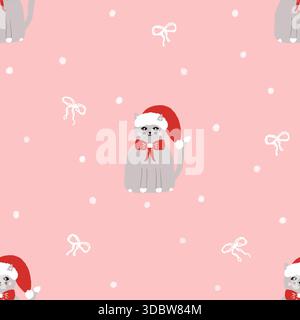 Seamless pattern with white bow and cat in red Santa hat, tender background Stock Photo