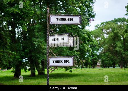 A decorative signpost features THINK BIG on three plaques, standing prominently in a scenic park with vibrant green grass and many deciduous trees. Stock Photo