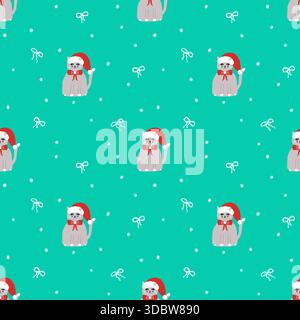 Seamless pattern with white bow and cat in red Santa hat, tender background Stock Photo