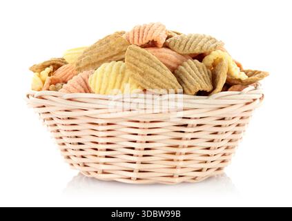 Woven small plate with vegetable chips, isolated on a transparent background, full focus stacking for sharp texture and clear detail Stock Photo