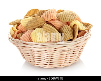 Woven small plate with vegetable chips, isolated on a transparent background, full focus stacking for sharp texture and clear detail Stock Photo
