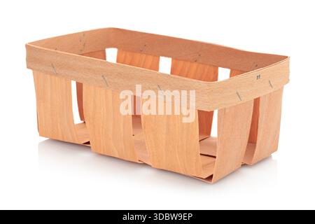 Empty fruit tray made of thin wooden plywood, isolated on a transparent background, full focus. Minimal rustic container, natural eco packaging and st Stock Photo