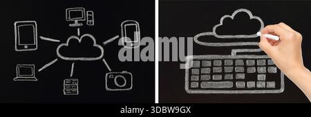 Set of chalk drawings of cloud computing concepts on blackboard with hand drawing, isolated on transparent background. Technology concept Stock Photo
