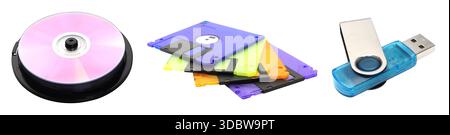 Set of vintage data storage including floppy disk, CD, and USB flash drive isolated on transparent background. Technology collage for retro and creati Stock Photo