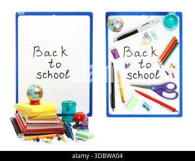 Set of mini compositions of stationery items for back to school isolated on transparent background. Perfect for education, study, office, and creative Stock Photo