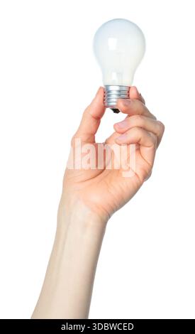 Hand holding a light bulb, symbol of idea, innovation, and electricity, isolated on a transparent background. Perfect for creative, business, and ener Stock Photo