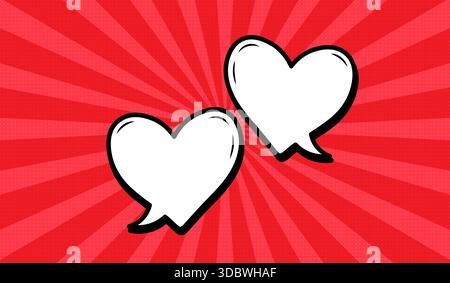 Two heart-shaped speech bubbles in retro comic style on a red background. Stock Vector