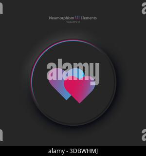 Round black button with pink and blue hearts symbol. A heart-shaped vector icon in a fashionable neomorphic style. Stock Vector