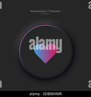 A round black button with a pink and blue heart symbol. A heart-shaped vector icon in a fashionable neomorphic style. Stock Vector