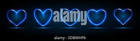 A set of neon abstract hearts on a dark blue background. Illuminated signs. Stock Vector
