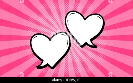 Two heart-shaped speech bubbles in retro comic style on pink background. Stock Vector