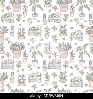 Seamless Gardening Pattern. Repeating Spring Potted Plants, Flowers, And Botanical Cozy Home Decor on White Background. Pastel Hand Drawn Doodle. Vect Stock Vector