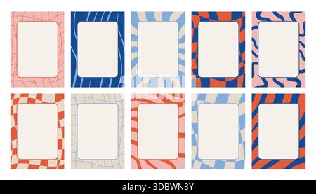 Set of groovy retro posters, cards or note pages with checkered, striped and wavy textures. Simple clean frames and open copy space make this collecti Stock Vector
