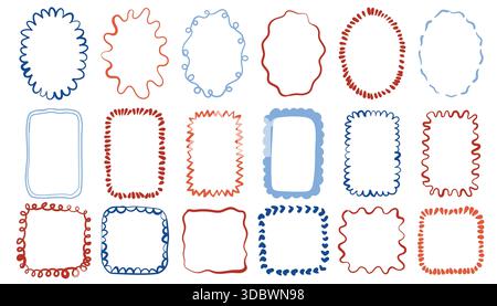 Set of whimsical coquette hand drawn frames and borders with wave, curve, doodle and decorative pattern details. Oval, rectangle and square shapes per Stock Vector