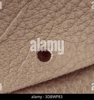 Brown leather texture with perforated detail and natural grain pattern. Natural background for vintage fashion, crafts, accessory product design Stock Photo