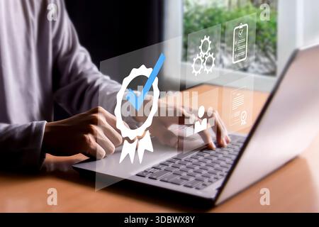 Digital document checklist on laptop screen. Business productivity and technology concept. Document accuracy management and clipboard. Stock Photo