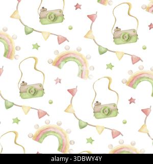 Seamless pattern with eco toys for baby. The illustration with a wooden camera, a rainbow, and flags is hand-drawn in watercolor. For children's room Stock Photo