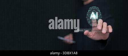 A man touching a glowing AI circuit brain. Prompt engineering, Human artificial intelligence collaboration, command prompts, generative Ai, language m Stock Photo