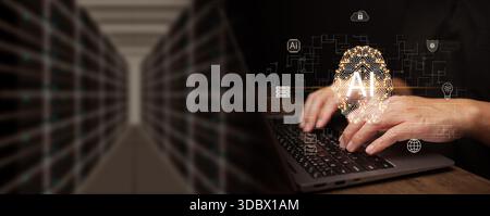 Prompt engineer using artificial intelligence on laptop inside a data center environment, interacting with glowing Ai brain interface. Generative AI, Stock Photo