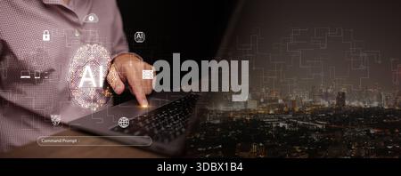 Prompt engineer using artificial intelligence on a laptop, interacting with glowing AI brain interface over a city. Generative AI, command prompts, sm Stock Photo