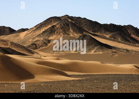 View of sun-baked dunes ripple towards rugged, dark mountains under a pale sky, a timeless scene of arid beauty, Noshki, Balochistan, Pakistan. Stock Photo