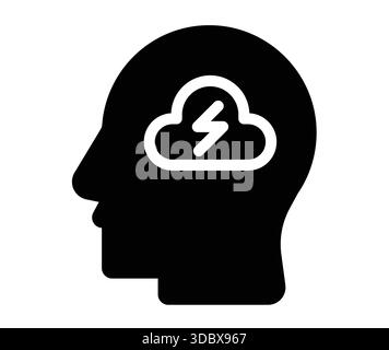 This graphic features a silhouette of a head with a cloud and lightning symbol, representing creativity and innovative thinking. Ideal for mental heal Stock Vector