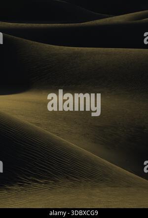 View of golden sand dunes cascade in rippling waves under stark shadows, creating an abstract landscape of texture and form, Death Valley, California, Stock Photo