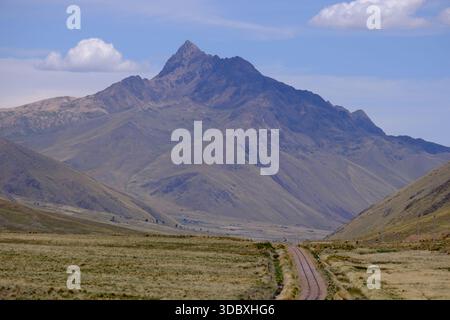 Railway line crossing the Andean highlands between Cusco and Puno, Peru, with vast mountain scenery and open plateau. Stock Photo
