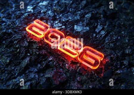 2026 Illuminated In Fiery Red Neon Or Glass, Set Against A Dark, Rough, Volcanic Rock Texture. Concept For The New Year, Future, Technology, Or Challe Stock Photo
