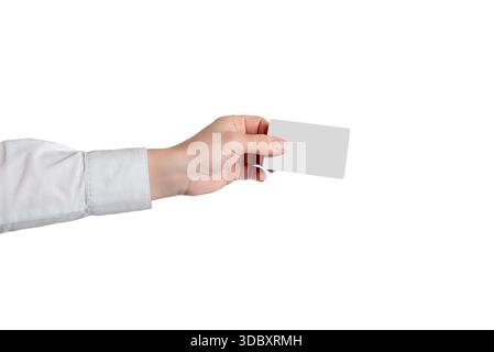 Hand holding blank plastic card isolated on white background, ideal for banking, access control, identification, loyalty, and contactless card concept Stock Photo