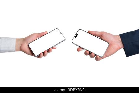 Hands holding two smartphones with blank displays facing each other, isolated on white background, symbolizing mobile interaction, user verification, Stock Photo