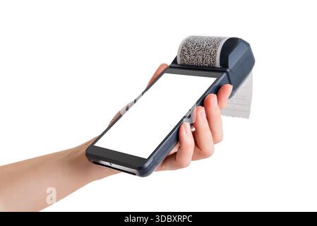 Portable payment terminal printing receipt while held in hand, isolated on white background, representing point of sale operations, customer checkout, Stock Photo