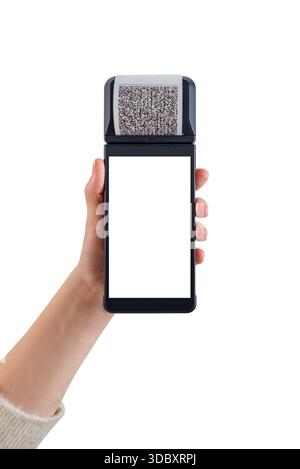 Modern POS terminal displaying blank touchscreen with printed receipt, isolated on white background, suitable for digital payments, QR transactions, a Stock Photo